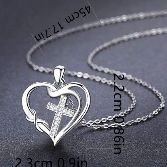 Elegant Silver Heart Necklace with Cross Pendant - Picture 2 of 4